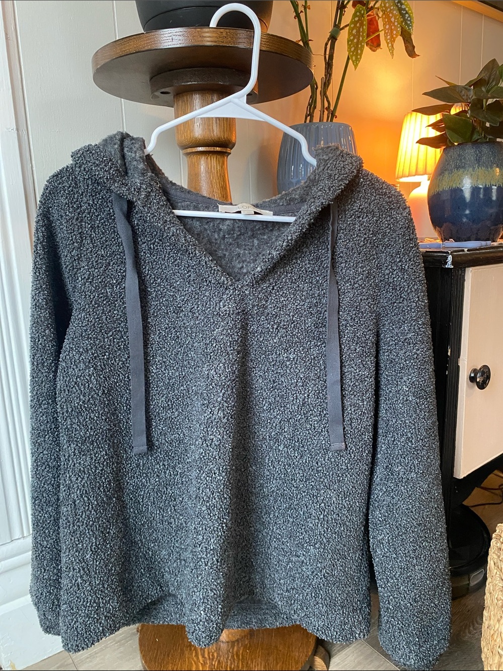 LOFT Charcoal Gray V-Neck Plush Hooded Sweater
